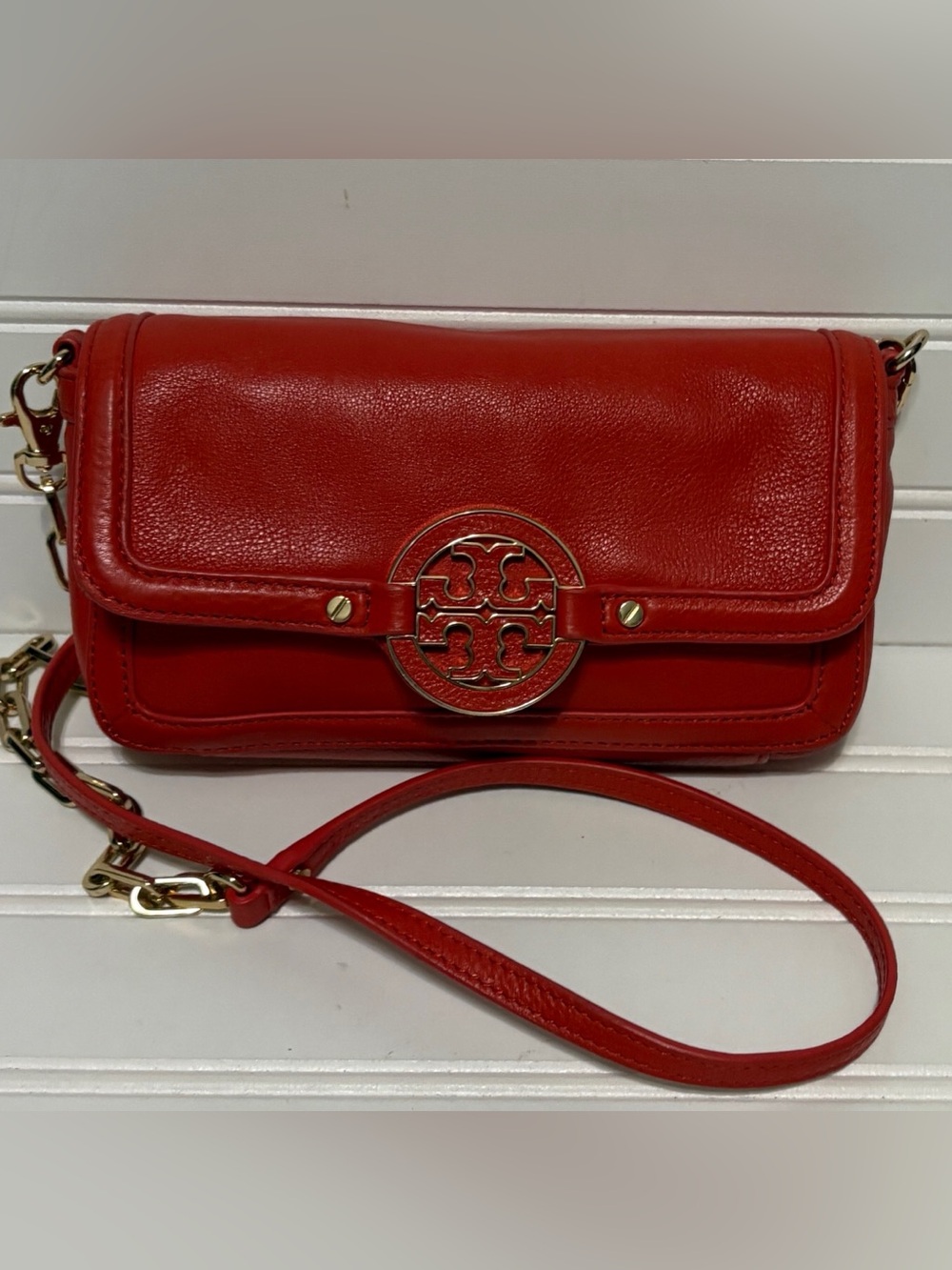 TORY BURCH Amanda Orange Red Wallet on Chain Mini Crossbody Shoulder Bag